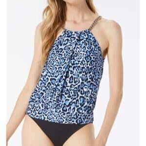 Michael Kors Women's Blouson High-Neck Tankini Top Blue Medium NWT $138